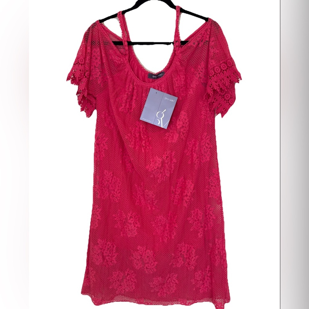 NWT Women’s Off Shoulder Dress Size Large Pink Lace Pattern Fully Lined Dress
